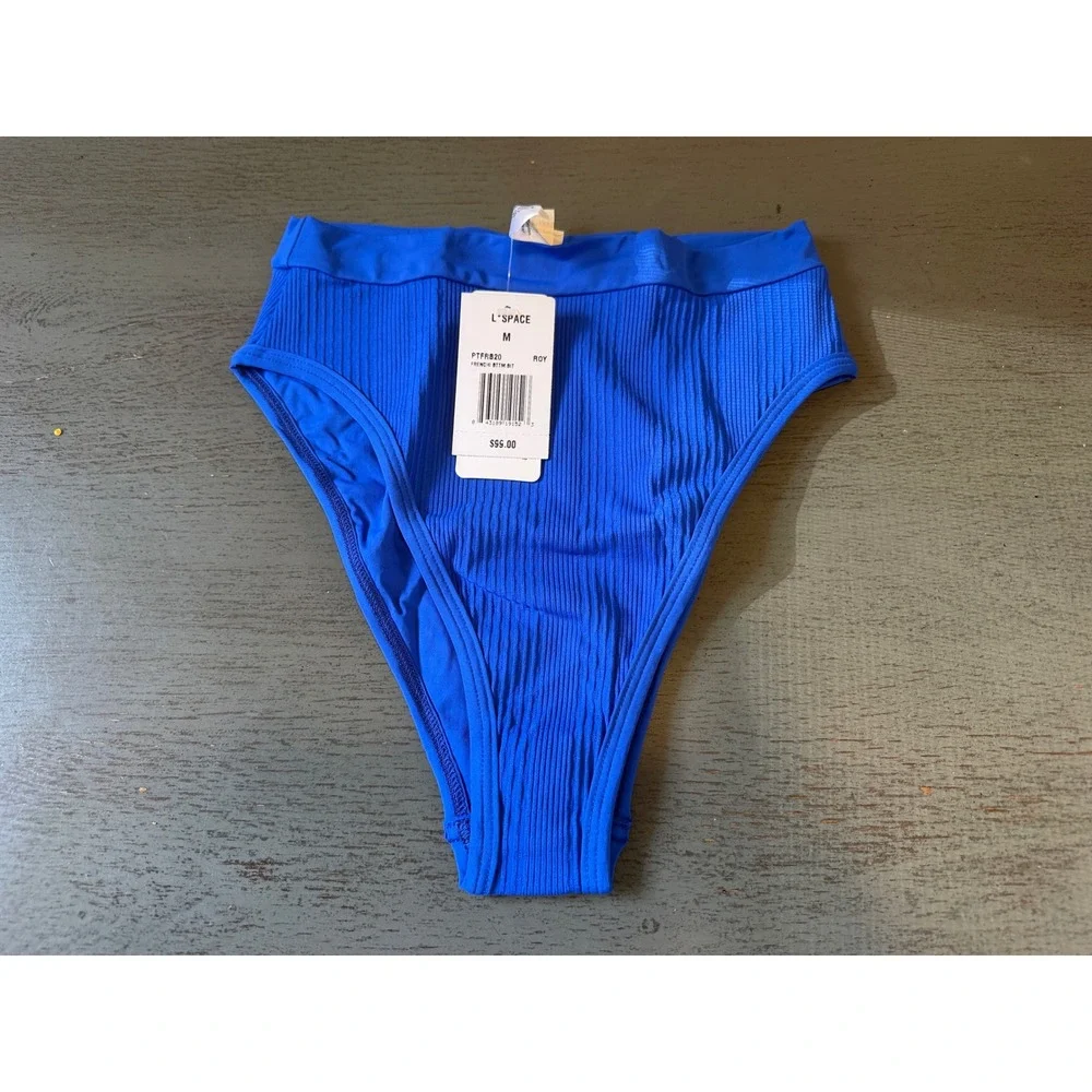 L*Space Frenchi Bitsy Cut Bikini Bottom Royal Blue Ribbed High Waist PTFRB20 M